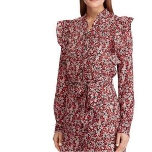 Ralph Lauren Red Floral Long-Sleeve Tie-Waist Dress with ruffles